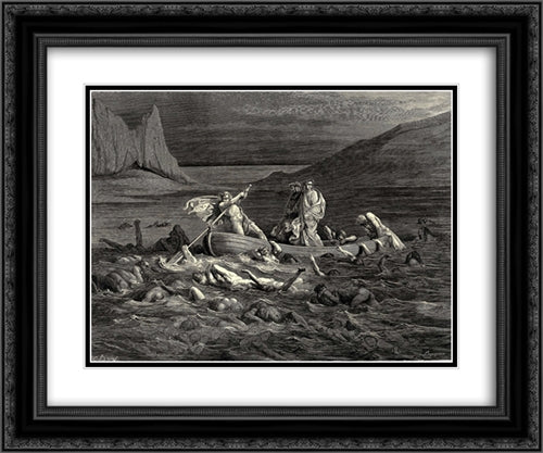 The Inferno, Canto 8, lines 27'29: Soon as both embarkd, Cutting the waves, goes on the ancient prow, More deeply than with others it is wont. 24x20 Black Ornate Wood Framed Art Print Poster with Double Matting by Dore, Gustave