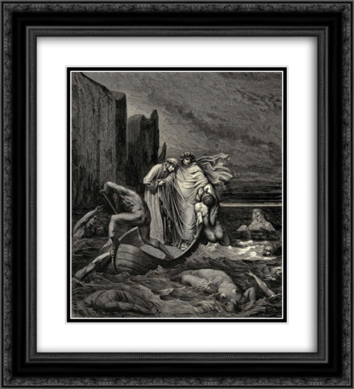 The Inferno, Canto 8, lines 39'41: My teacher sage Aware, thrusting him back: Away! down there To the other dogs! 20x22 Black Ornate Wood Framed Art Print Poster with Double Matting by Dore, Gustave