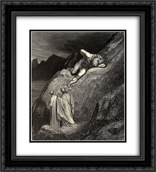 The Inferno, Canto 12, lines 11'14: and there At point of the disparted ridge lay stretchd The infamy of Crete, detested brood Of the feignd heifer 20x22 Black Ornate Wood Framed Art Print Poster with Double Matting by Dore, Gustave