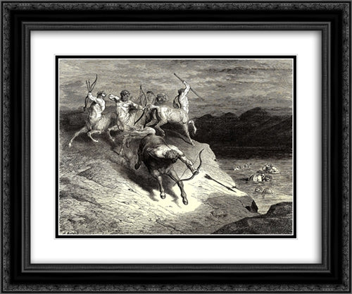 The Inferno, Canto 12, lines 73'74: We to those beasts, that rapid strode along, Drew near 24x20 Black Ornate Wood Framed Art Print Poster with Double Matting by Dore, Gustave