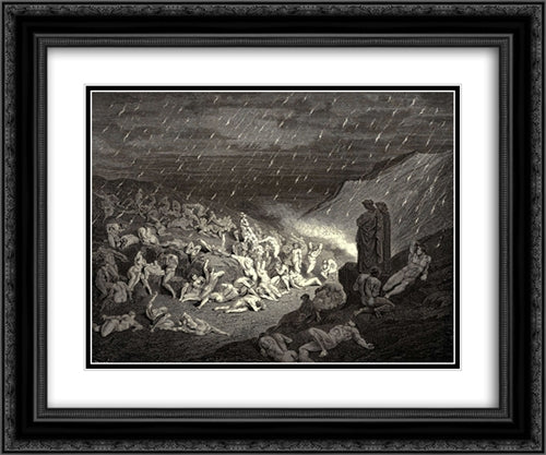 The Inferno, Canto 14, line 37'39: Unceasing was the play of wretched hands, Now this, now that way glancing, to shake off The heat, still falling fresh. 24x20 Black Ornate Wood Framed Art Print Poster with Double Matting by Dore, Gustave