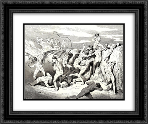 The Inferno, Canto 18, line 38: Ah! how they made them bound at the first stripe! 24x20 Black Ornate Wood Framed Art Print Poster with Double Matting by Dore, Gustave