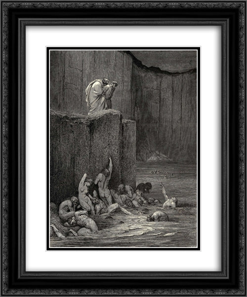 The Inferno, Canto 18, lines 116'117: Why greedily thus bendest more on me, Than on these other filthy ones, thy ken? 20x24 Black Ornate Wood Framed Art Print Poster with Double Matting by Dore, Gustave