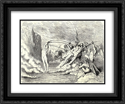 The Inferno, Canto 21, lines 50'51: This said, They grappled him with more than hundred hooks 24x20 Black Ornate Wood Framed Art Print Poster with Double Matting by Dore, Gustave