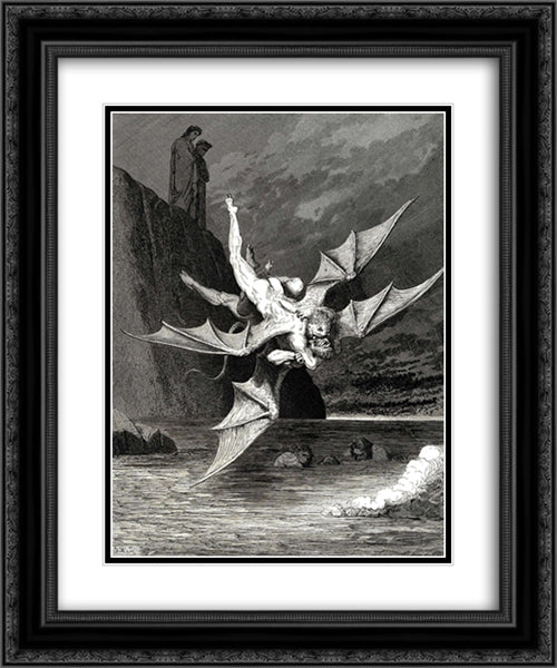 The Inferno, Canto 22, lines 137'139: But the other provd A goshawk able to rend well his foe; And in the boiling lake both fell. 20x24 Black Ornate Wood Framed Art Print Poster with Double Matting by Dore, Gustave