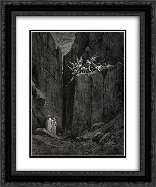 The Inferno, Canto 23, lines 52'54: Scarcely had his feet Reachd to the lowest of the bed beneath, When over us the steep they reachd 20x24 Black Ornate Wood Framed Art Print Poster with Double Matting by Dore, Gustave