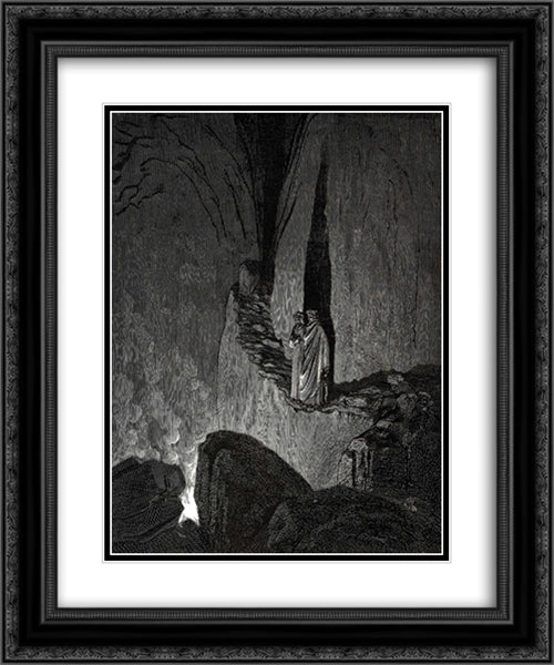 The Inferno, Canto 26, lines 46'49: The guide, who markd How I did gaze attentive, thus began: Within these ardours are the spirits, each Swathd in confining fire. 20x24 Black Ornate Wood Framed Art Print Poster with Double Matting by Dore, Gustave