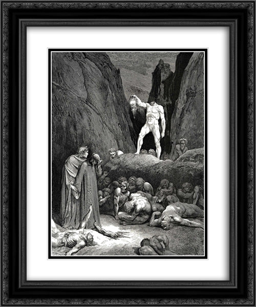 The Inferno, Canto 28, lines 116'119: By the hair It bore the severd member, lantern'wise Pendent in hand, which lookd at us and said, Woes me! 20x24 Black Ornate Wood Framed Art Print Poster with Double Matting by Dore, Gustave