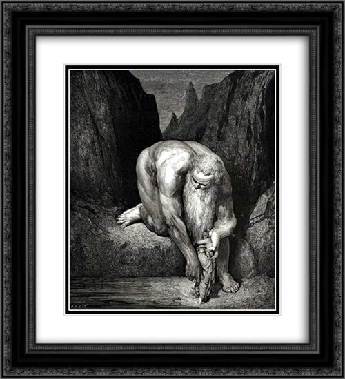 The Inferno, Canto 31, lines 133'135: Yet in th abyss, That Lucifer with Judas low ingulfs, Lightly he placd us; 20x22 Black Ornate Wood Framed Art Print Poster with Double Matting by Dore, Gustave