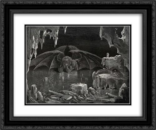 The Inferno, Canto 34, lines 20'21: Lo! he exclaimd, lo Dis! and lo the place, Where thou hast need to arm thy heart with strength. 24x20 Black Ornate Wood Framed Art Print Poster with Double Matting by Dore, Gustave