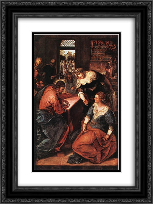 Christ in the house of Martha and Mary 18x24 Black Ornate Wood Framed Art Print Poster with Double Matting by Tintoretto