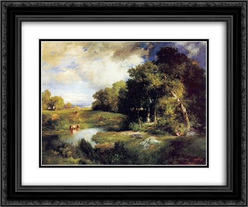 A Pastoral Landscape 24x20 Black Ornate Wood Framed Art Print Poster with Double Matting by Moran, Thomas