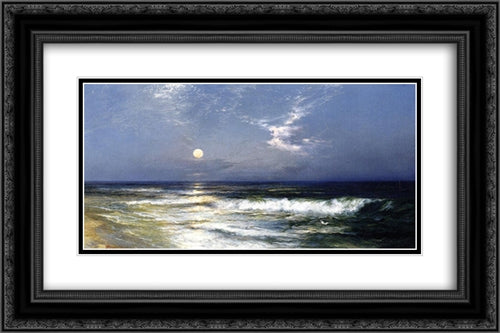 Moonlit Seascape 24x16 Black Ornate Wood Framed Art Print Poster with Double Matting by Moran, Thomas