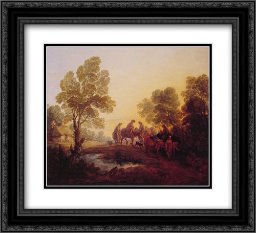 Evening Landscape ' Peasants and Mounted Figures 22x20 Black Ornate Wood Framed Art Print Poster with Double Matting by Gainsborough, Thomas