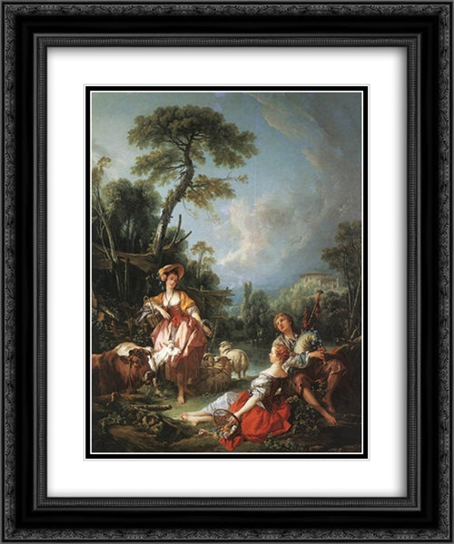 A Summer Pastoral 20x24 Black Ornate Wood Framed Art Print Poster with Double Matting by Boucher, Francois