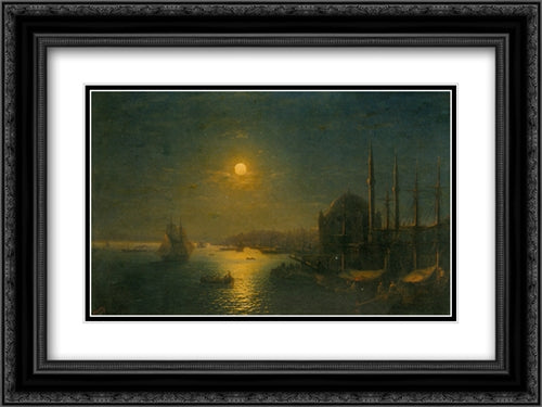 A Moonlit View of the Bosphorus 24x18 Black Ornate Wood Framed Art Print Poster with Double Matting by Aivazovsky, Ivan