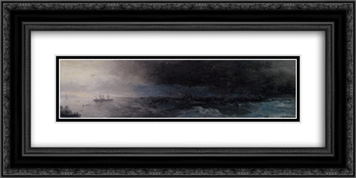 Battleship on a Stormy Sea 24x12 Black Ornate Wood Framed Art Print Poster with Double Matting by Aivazovsky, Ivan