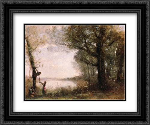 Les Petits Denicheurs 24x20 Black Ornate Wood Framed Art Print Poster with Double Matting by Corot, Jean Baptiste Camille