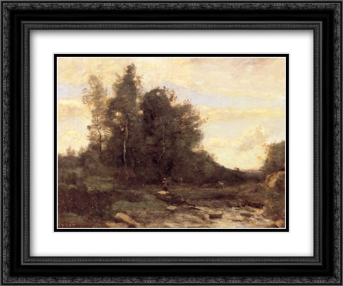 The Pierreaux Torrent (Twilight) 24x20 Black Ornate Wood Framed Art Print Poster with Double Matting by Corot, Jean Baptiste Camille