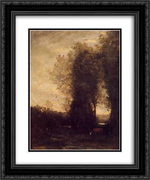 A Cow and its Keeper 20x24 Black Ornate Wood Framed Art Print Poster with Double Matting by Corot, Jean Baptiste Camille