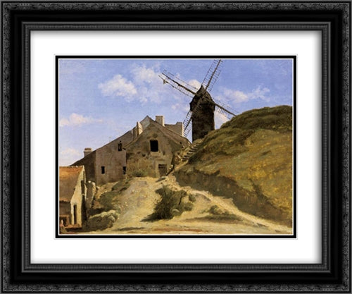 A Windmill in Montmartre 24x20 Black Ornate Wood Framed Art Print Poster with Double Matting by Corot, Jean Baptiste Camille