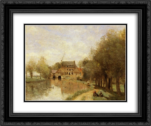 Arleux'du'Nord, the Drocourt Mill, on the Sensee 24x20 Black Ornate Wood Framed Art Print Poster with Double Matting by Corot, Jean Baptiste Camille