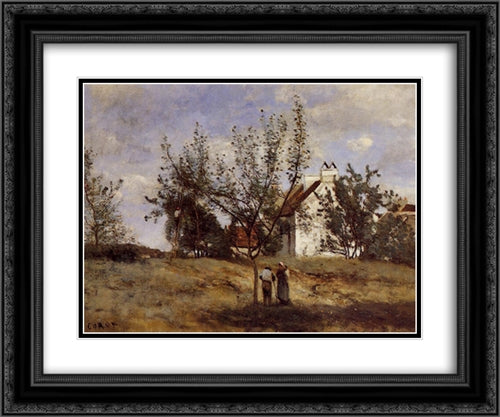 An Orchard at Harvest Time 24x20 Black Ornate Wood Framed Art Print Poster with Double Matting by Corot, Jean Baptiste Camille