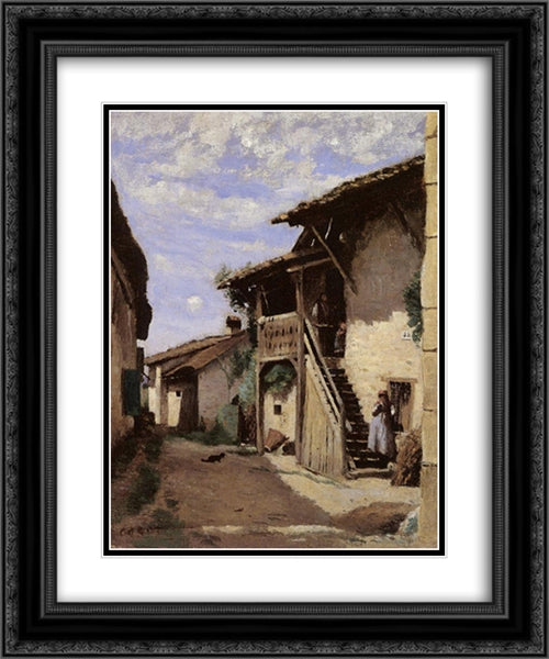 A Village Steeet, Dardagny 20x24 Black Ornate Wood Framed Art Print Poster with Double Matting by Corot, Jean Baptiste Camille