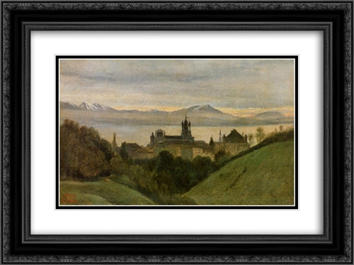 Between Lake Geneva and the Alps 24x18 Black Ornate Wood Framed Art Print Poster with Double Matting by Corot, Jean Baptiste Camille