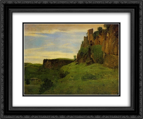 Civita Castelland ' Buildings High in the Rocks 24x20 Black Ornate Wood Framed Art Print Poster with Double Matting by Corot, Jean Baptiste Camille