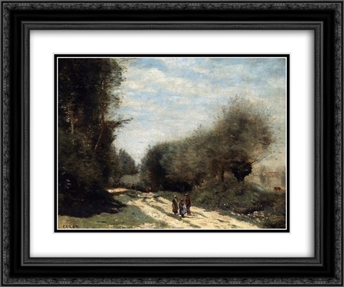 Crecy'en'Brie ' Road in the Country 24x20 Black Ornate Wood Framed Art Print Poster with Double Matting by Corot, Jean Baptiste Camille