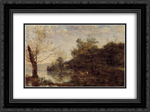 Cowherd by the Water 24x18 Black Ornate Wood Framed Art Print Poster with Double Matting by Corot, Jean Baptiste Camille