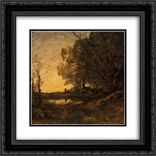 Evening ' Distant Tower 20x20 Black Ornate Wood Framed Art Print Poster with Double Matting by Corot, Jean Baptiste Camille