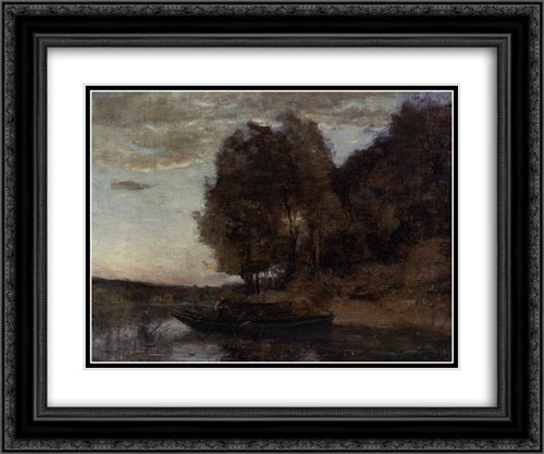 Fisherman Boating along a Wooded Landscape 24x20 Black Ornate Wood Framed Art Print Poster with Double Matting by Corot, Jean Baptiste Camille