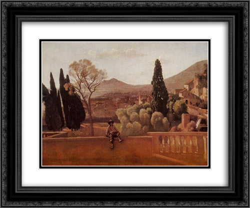 Gardens of the Villa d'Este at Tivoli 24x20 Black Ornate Wood Framed Art Print Poster with Double Matting by Corot, Jean Baptiste Camille