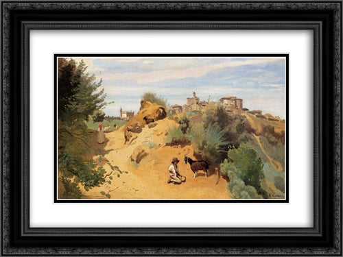 Genzano ' Goatherd and Village 24x18 Black Ornate Wood Framed Art Print Poster with Double Matting by Corot, Jean Baptiste Camille