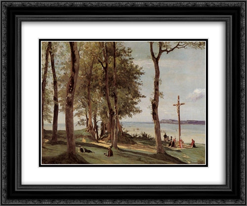 Honfleur ' Calvary on the Cote de Grace 24x20 Black Ornate Wood Framed Art Print Poster with Double Matting by Corot, Jean Baptiste Camille