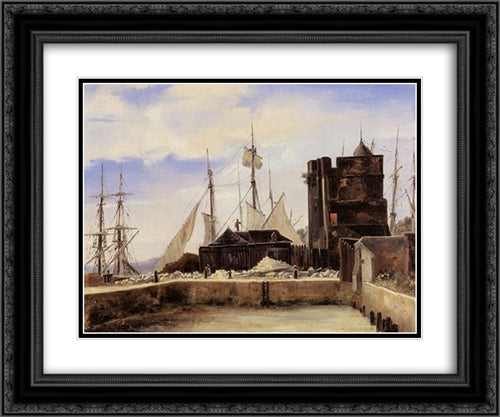 Honfleur ' The Old Wharf 24x20 Black Ornate Wood Framed Art Print Poster with Double Matting by Corot, Jean Baptiste Camille