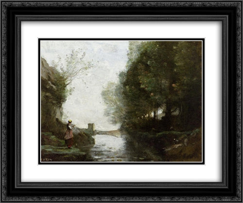 Le cours d'eau a la tour carree 24x20 Black Ornate Wood Framed Art Print Poster with Double Matting by Corot, Jean Baptiste Camille