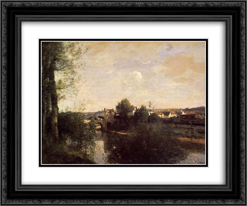 Old Bridge at Limay, on the Seine 24x20 Black Ornate Wood Framed Art Print Poster with Double Matting by Corot, Jean Baptiste Camille