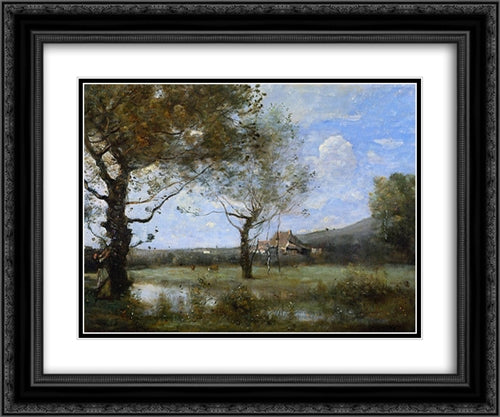 Meadow with Two Large Trees 24x20 Black Ornate Wood Framed Art Print Poster with Double Matting by Corot, Jean Baptiste Camille