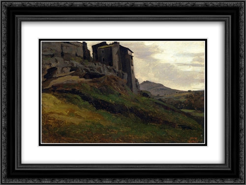 Marino, Large Buildings on the Rocks 24x18 Black Ornate Wood Framed Art Print Poster with Double Matting by Corot, Jean Baptiste Camille