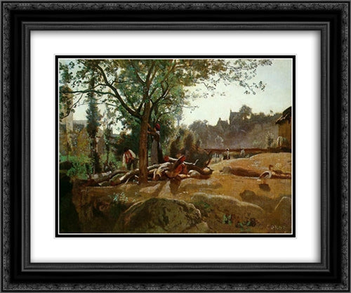 Peasants under the Trees at Dawn, Morvan 24x20 Black Ornate Wood Framed Art Print Poster with Double Matting by Corot, Jean Baptiste Camille