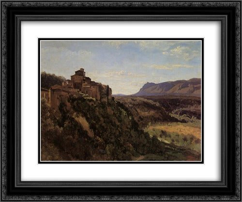 Papigno ' Buildings Overlooking the Valley 24x20 Black Ornate Wood Framed Art Print Poster with Double Matting by Corot, Jean Baptiste Camille