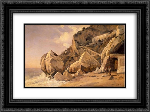 Rocks in Amalfi 24x18 Black Ornate Wood Framed Art Print Poster with Double Matting by Corot, Jean Baptiste Camille