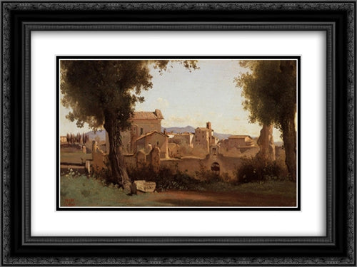 Rome ' View from the Farnese Gardens, Morning 24x18 Black Ornate Wood Framed Art Print Poster with Double Matting by Corot, Jean Baptiste Camille