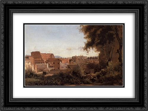 Rome ' View from the Farnese Gardens, Noon 24x18 Black Ornate Wood Framed Art Print Poster with Double Matting by Corot, Jean Baptiste Camille