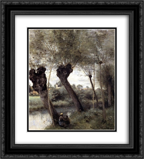 Saint'Nicholas'les'Arras; Willows on the Banks of the Scarpe 20x22 Black Ornate Wood Framed Art Print Poster with Double Matting by Corot, Jean Baptiste Camille