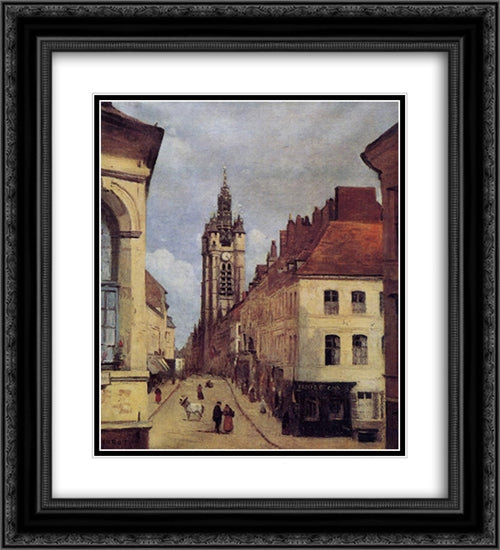 The Belfry of Douai 20x22 Black Ornate Wood Framed Art Print Poster with Double Matting by Corot, Jean Baptiste Camille