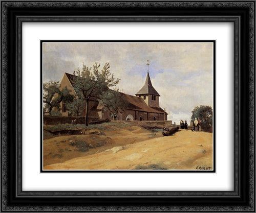 The Church at Lormes 24x20 Black Ornate Wood Framed Art Print Poster with Double Matting by Corot, Jean Baptiste Camille